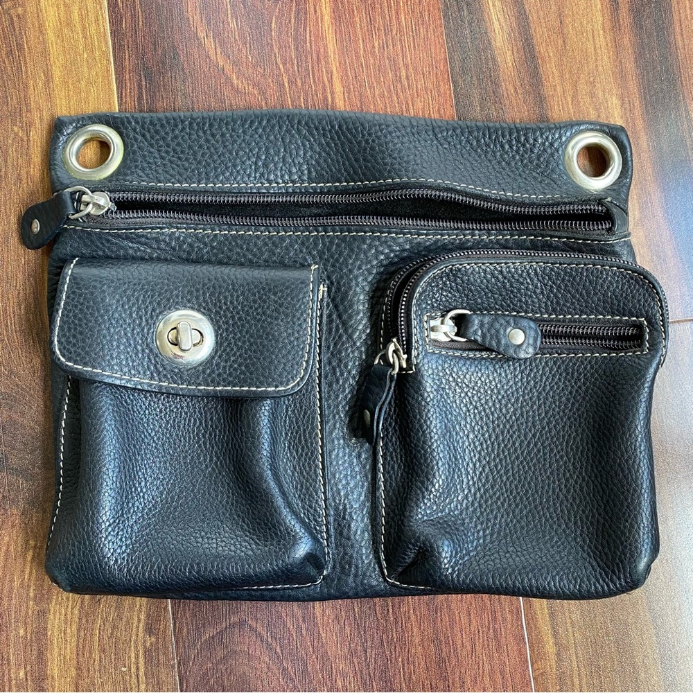 VTG Roots 73 Pebbled Leather Crossbody Purse No Strap Made in Canada Black READ